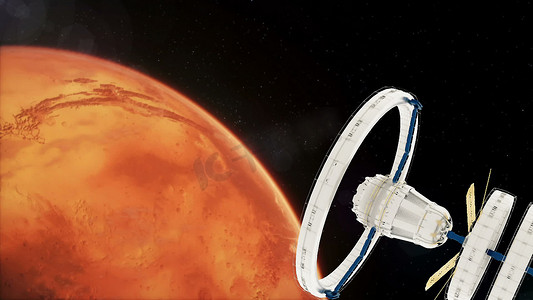 蓝色空间站摄影照片_空间站绕火星飞行。 