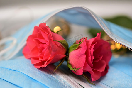 外科口罩下两朵粉红玫瑰的特写