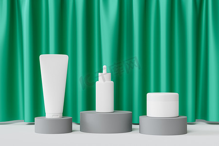 窗帘窗帘样机摄影照片_用于化妆品产品或在带绿色窗帘的灰色讲台上做广告的样机滴瓶、乳液管和奶油罐，3D 插图渲染
