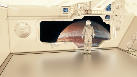 银河隧道摄影照片_宇宙飞船上的宇航员正在观察木星。 