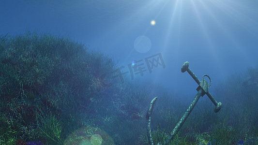 锚在水下太阳光线插画