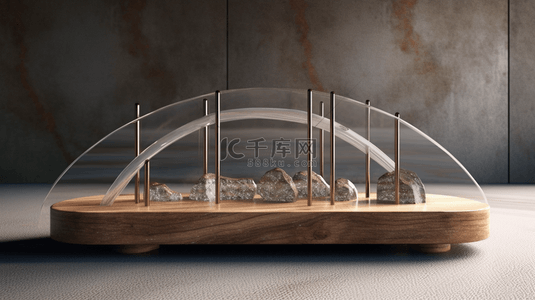 木管背景图片_圆柱木讲台上的玻璃管拱3D渲染，背景是几块灰色花岗岩