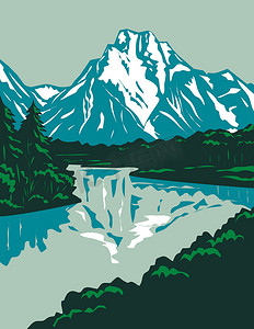 杰克逊霍尔谷与大提顿国家公园的山峰在美国怀俄明州 WPA 海报艺术