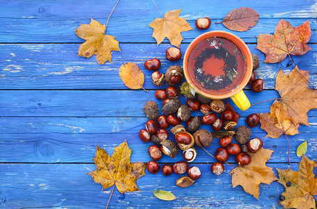 黄色陶瓷杯凉茶在年迈的木背景与秋天秋叶和栗子。