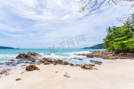 热带海滩上美丽的树叶框架树的暑假和假期背景概念。