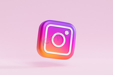 乌克兰梅利托波尔 — 2021 年 5 月 27 日：Instagram 徽标图标、摄影社交媒体应用、粉米色背景、3d 渲染