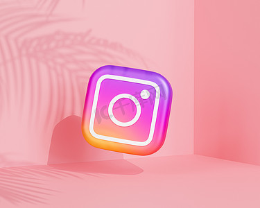 乌克兰梅利托波尔 — 2021 年 6 月 1 日：Instagram 徽标图标、摄影社交媒体应用、带热带树叶阴影的粉红色背景、3d 渲染