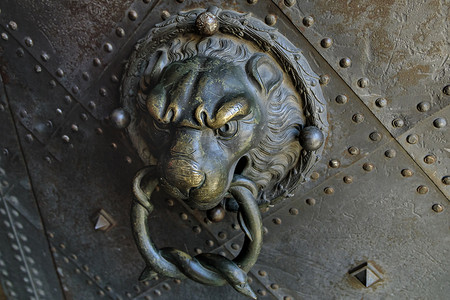 设计门头摄影照片_带狮子把手的旧门