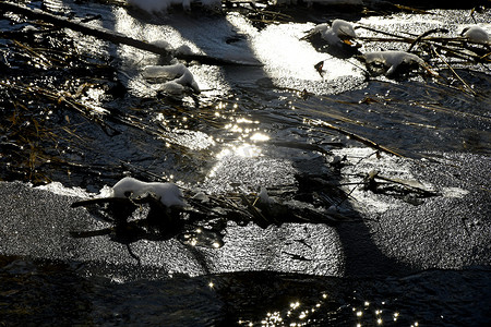 冬天的小溪，背光的冰