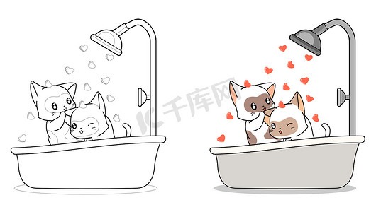 天猫美食首页摄影照片_情侣猫正在洗澡卡通着色页