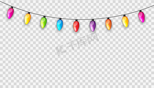 五颜六色的花环灯泡节日隔离在透明背景矢量图