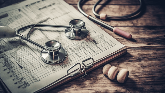 笔摄影照片_胸腔镜和在医疗记录上的笔医院木制桌子上的体检报告健康查概念