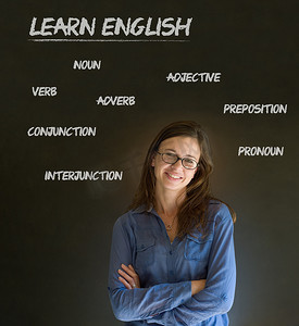 国际英语摄影照片_学习有粉笔背景的英语老师