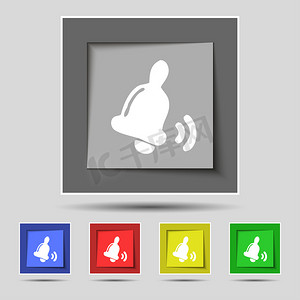 响铃摄影照片_原始五个彩色按钮上的响铃图标标志。
