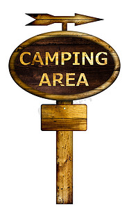 露营区摄影照片_旧的木制露营区标志。