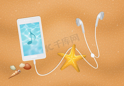 手机夏季夏季摄影照片_海滩上的智能手机