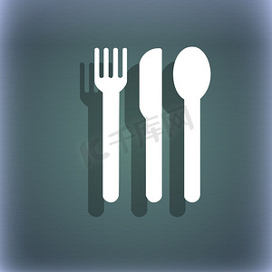 蓝绿色抽象背景上的叉子、刀子、勺子图标符号，带有文本的阴影和空间。