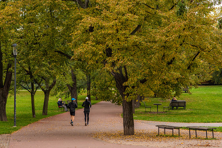 秋季保健摄影照片_2020 年秋季，捷克共和国冬季开始时，由于 COVID-19 爆发，在隔离期间，男人和女人在布拉格 6 号的 Letna 公园跑步和交谈
