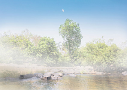 在雾中放松柔和的自然梦幻河畔景色，在 stre 岩石