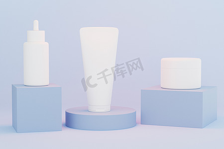 滴瓶样机摄影照片_用于化妆品产品或在蓝色讲台上做广告的样机滴瓶、乳液管和奶油罐，3D 插图渲染