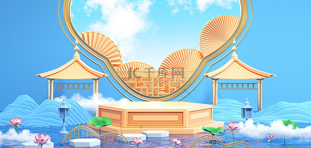 蓝色中国风夏季展台c4d背景