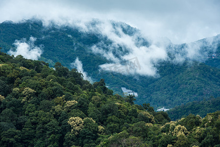 热带雨林山谷景观中的山脉，莫有雾