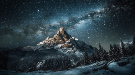 白雪皑皑的山顶上繁星点点的夜空