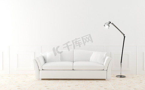 白色发光体摄影照片_明亮房间里的白色沙发
