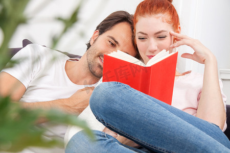 甜蜜的年轻夫妇一起看书