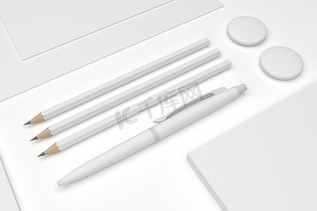 钢笔样机摄影照片_空白 3D 插图样机专注于钢笔和铅笔。