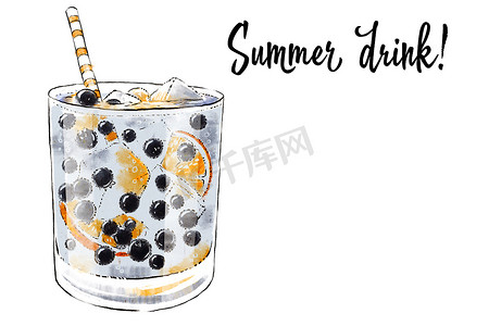 手绘水果果汁摄影照片_Colorfu 手绘插图，新鲜水果的美味冰沙。