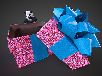 熊猫 animail 字符礼品盒惊喜假期站在黑暗的背景孤立下载购买图片数字插图