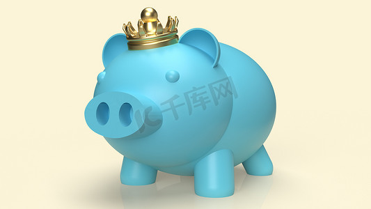 银行和摄影照片_用于业务内容 3d 渲染的蓝猪银行和皇冠