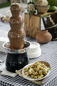 巧克力喷泉摄影照片_自助餐桌上有水果串的巧克力喷泉餐饮机