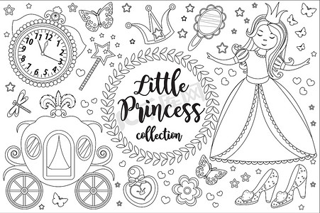 艾莎公主摄影照片_可爱的小公主灰姑娘为孩子们设置了着色书页。