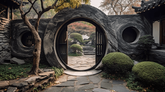 园林古风摄影照片_中式园林圆型门洞植物园梅园的门