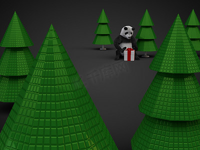 熊猫熊摄影照片_圣诞熊猫熊礼物展示盒树隔离在黑暗的背景
