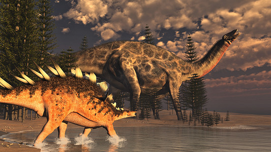 双龙戏珠摄影照片_Dicraeosaurus 和 kentrosaurus 恐龙 - 3D 渲染