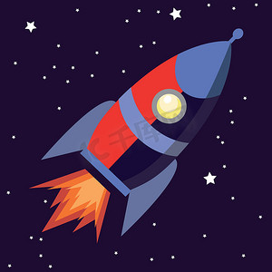 卡通火箭红色摄影照片_星空背景下孤立的可爱卡通火箭太空船的插图