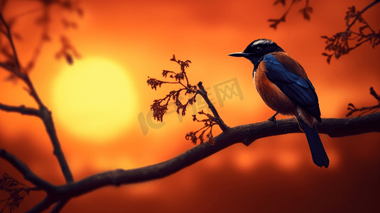 日落时分，一只鸟正坐在树上