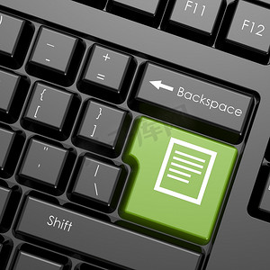 黑色键盘上带有文档的绿色输入按钮