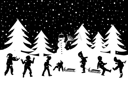 冬季背景与雪人摄影照片_黑白冬季贺卡与孩子们在 sn 玩耍