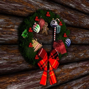 木墙背景上的圣诞花环