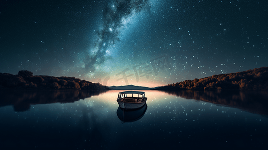 夜色中亮着的床摄影照片_唯美星空夜色湖上的小船景色