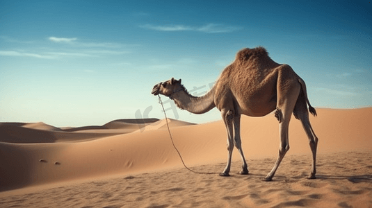 一只在沙漠中行走的骆驼，背景是蓝天