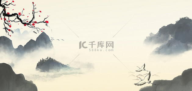 中国风水墨山背景图片_中国风山水腊梅手绘插画海报背景
