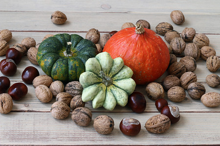静物与秋天的产品 — 南瓜、葫芦、坚果、车