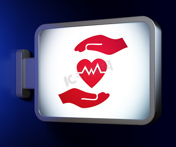 健康保险广告摄影照片_保险概念：广告牌背景上的心和手掌