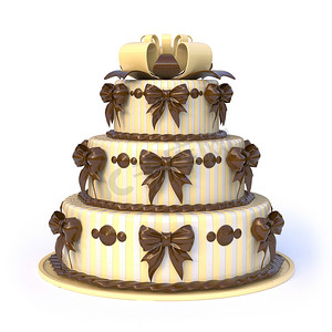 三层黄色蛋糕，带蝴蝶结。 