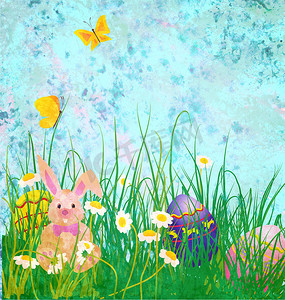 复活节兔子与雏菊花和垃圾纸上的蝴蝶